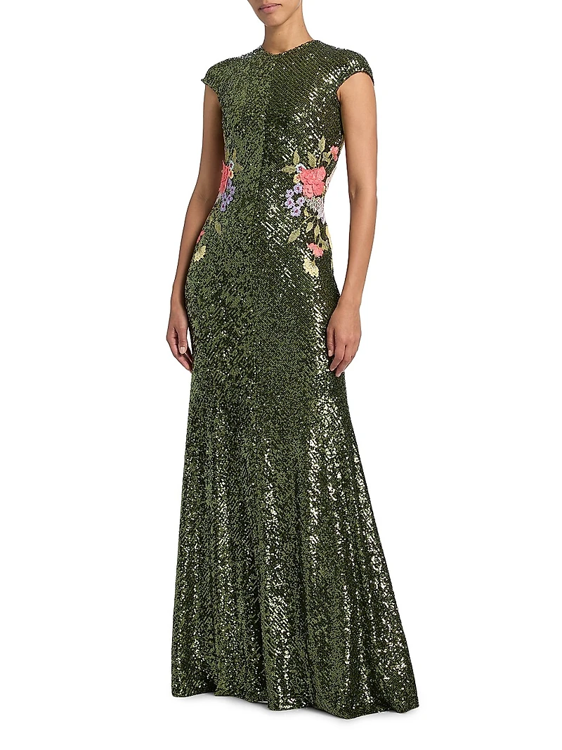 Sequined Floral-Embroidered A-Line Gown