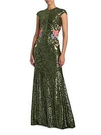 Sequined Floral-Embroidered A-Line Gown