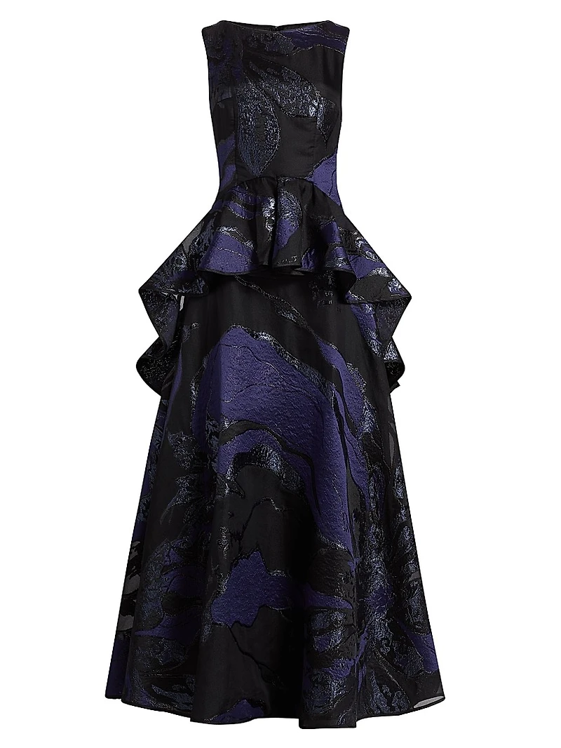 Jacquard Peplum Ruffle Gown