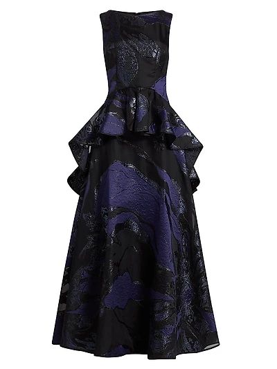 Jacquard Peplum Ruffle Gown