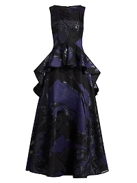 Jacquard Peplum Ruffle Gown