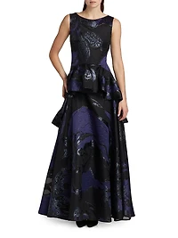 Jacquard Peplum Ruffle Gown