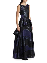 Jacquard Peplum Ruffle Gown