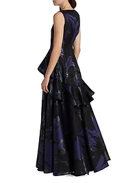 Jacquard Peplum Ruffle Gown
