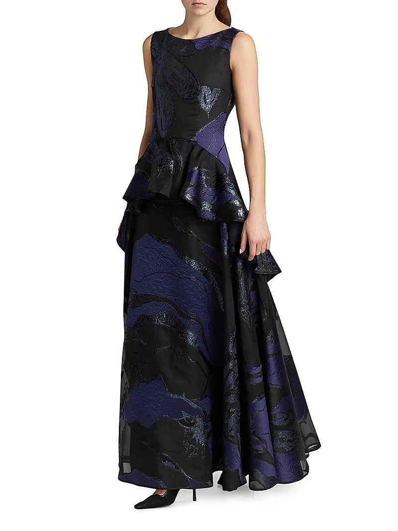 Jacquard Peplum Ruffle Gown
