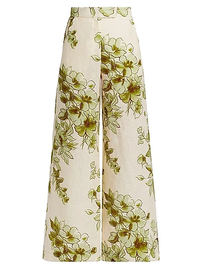 Capri Floral Linen Wide-Leg Pants