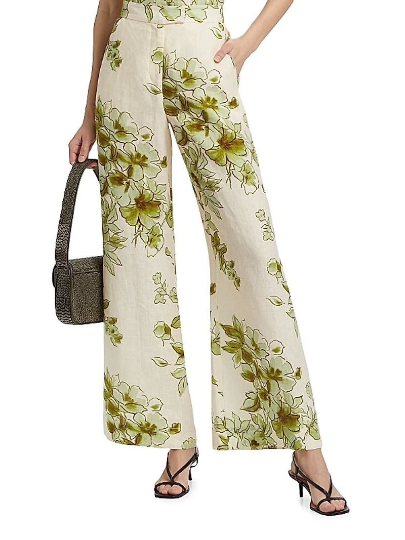 Capri Floral Linen Wide-Leg Pants
