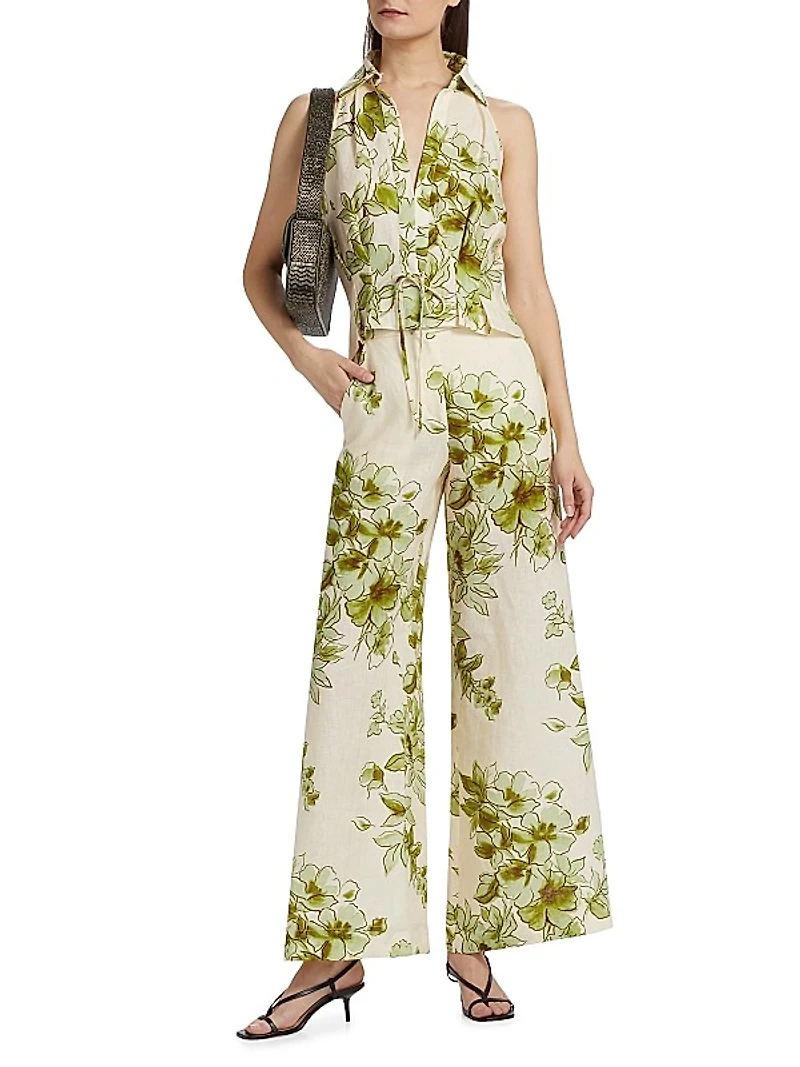 Capri Floral Linen Wide-Leg Pants