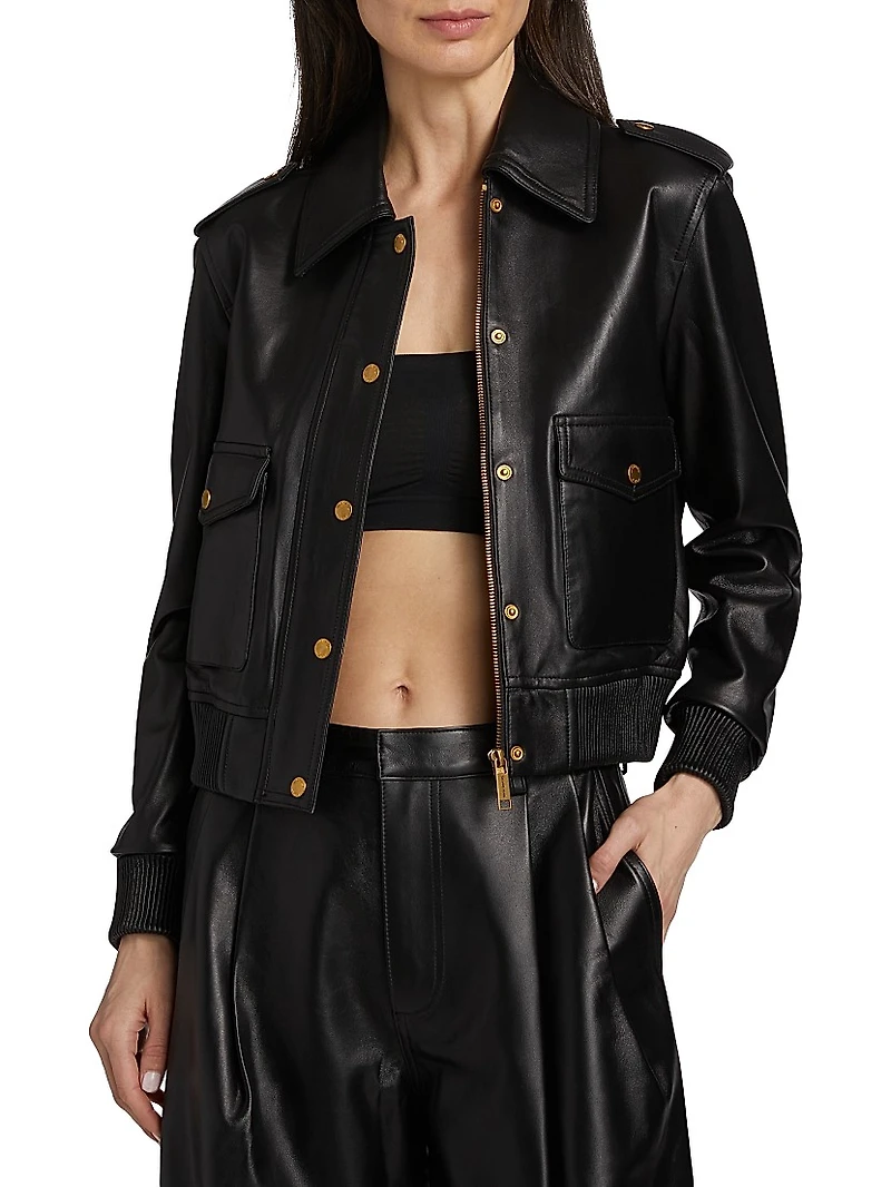 Leather Blouson-Sleeve Jacket