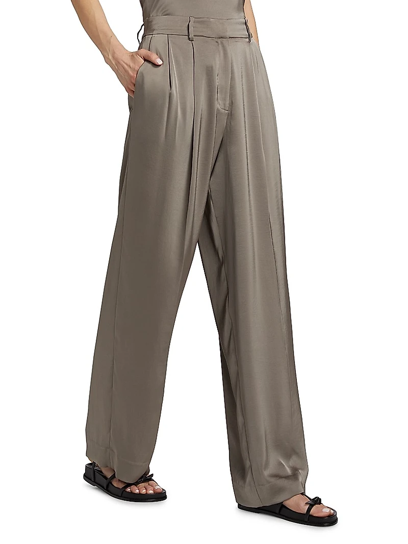 Satin Pleated Wide-Leg Pants