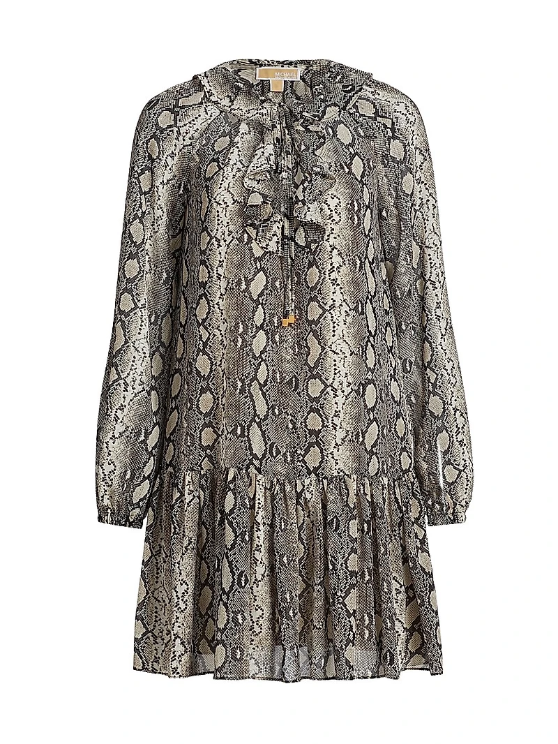 Snake Ruffle Tie-Neck Minidress