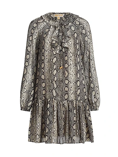 Snake Ruffle Tie-Neck Minidress