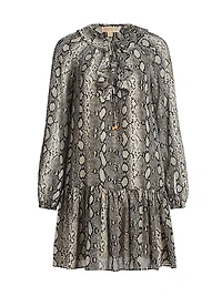 Snake Ruffle Tie-Neck Minidress