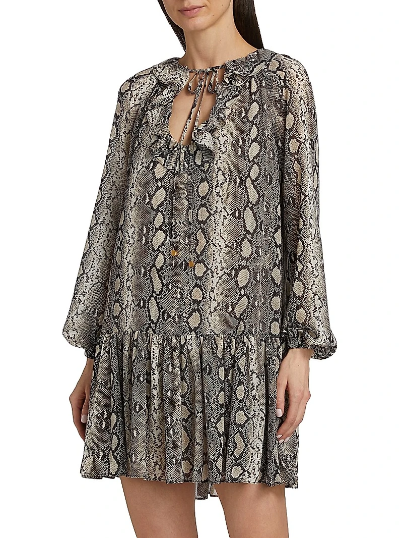 Snake Ruffle Tie-Neck Minidress