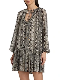 Snake Ruffle Tie-Neck Minidress