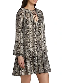 Snake Ruffle Tie-Neck Minidress