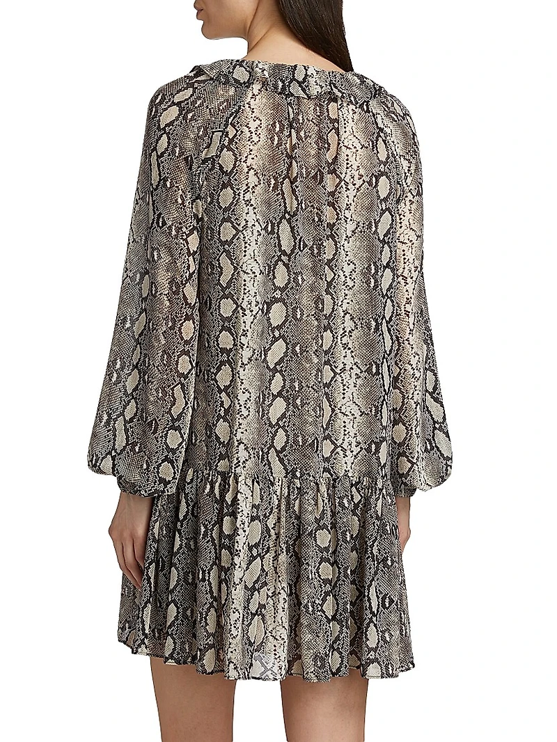 Snake Ruffle Tie-Neck Minidress