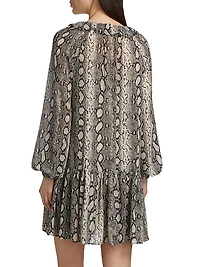 Snake Ruffle Tie-Neck Minidress