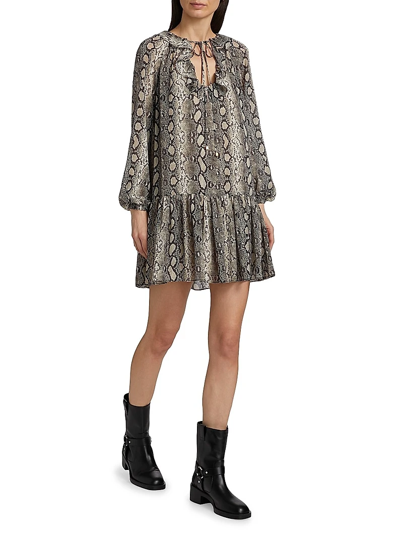 Snake Ruffle Tie-Neck Minidress