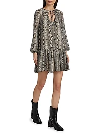 Snake Ruffle Tie-Neck Minidress