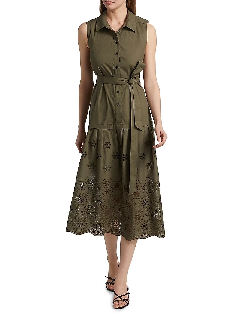 Bailey Embroidered-Cotton Tie-Waist Midi-Dress