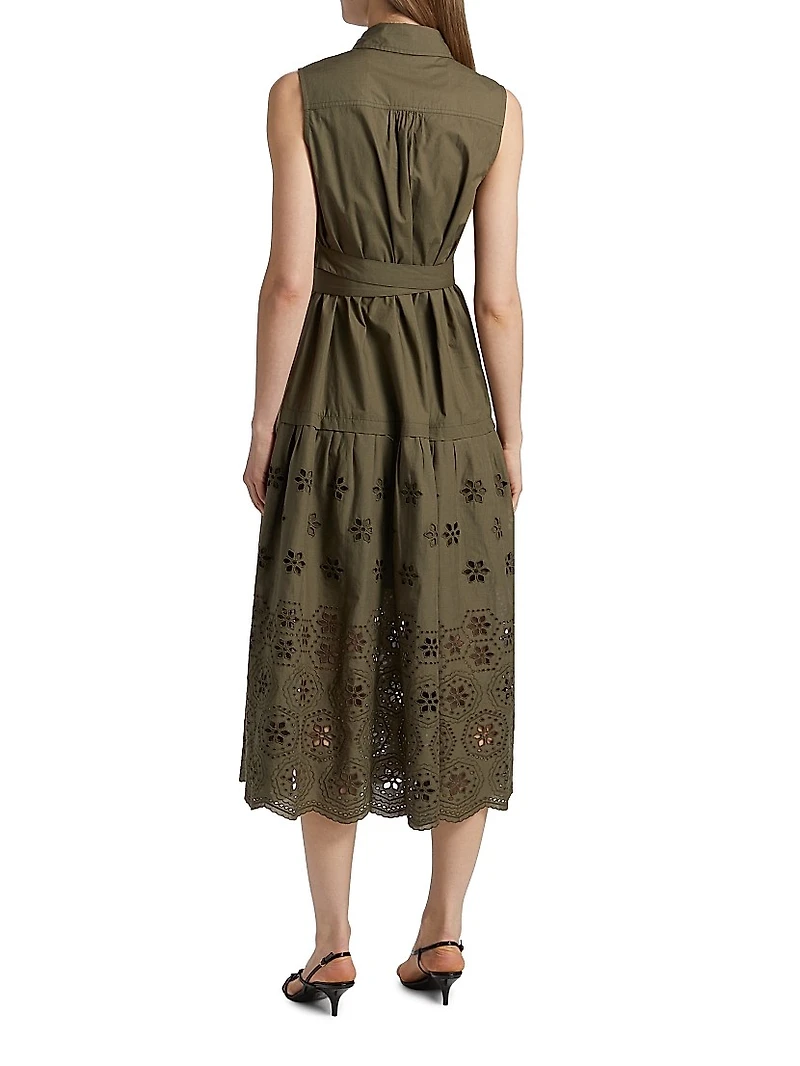 Bailey Embroidered-Cotton Tie-Waist Midi-Dress