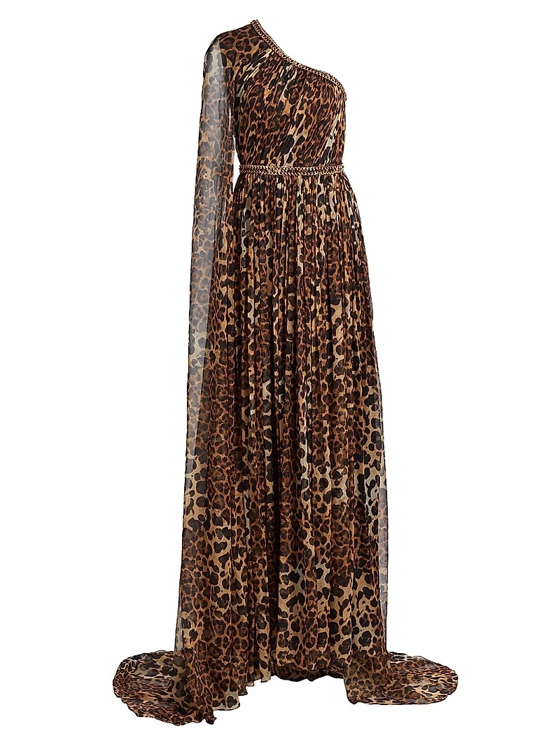 Leopard-Print Chiffon One-Shoulder Gown
