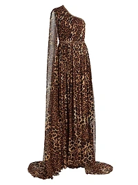 Leopard-Print Chiffon One-Shoulder Gown