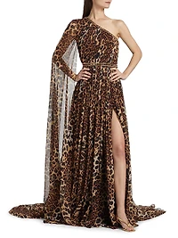 Leopard-Print Chiffon One-Shoulder Gown