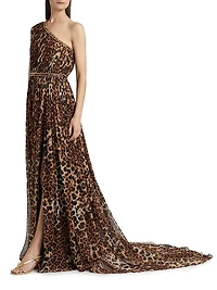 Leopard-Print Chiffon One-Shoulder Gown
