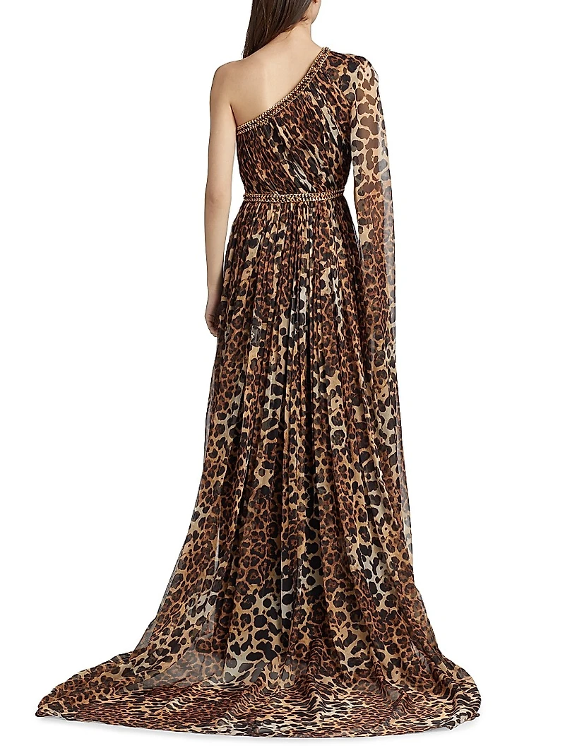 Leopard-Print Chiffon One-Shoulder Gown