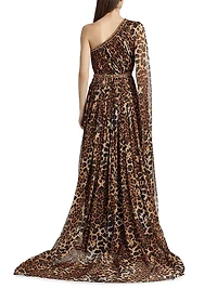 Leopard-Print Chiffon One-Shoulder Gown
