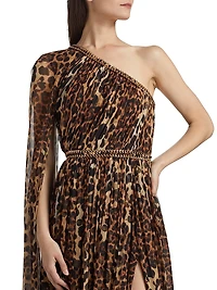 Leopard-Print Chiffon One-Shoulder Gown