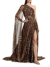 Leopard-Print Chiffon One-Shoulder Gown
