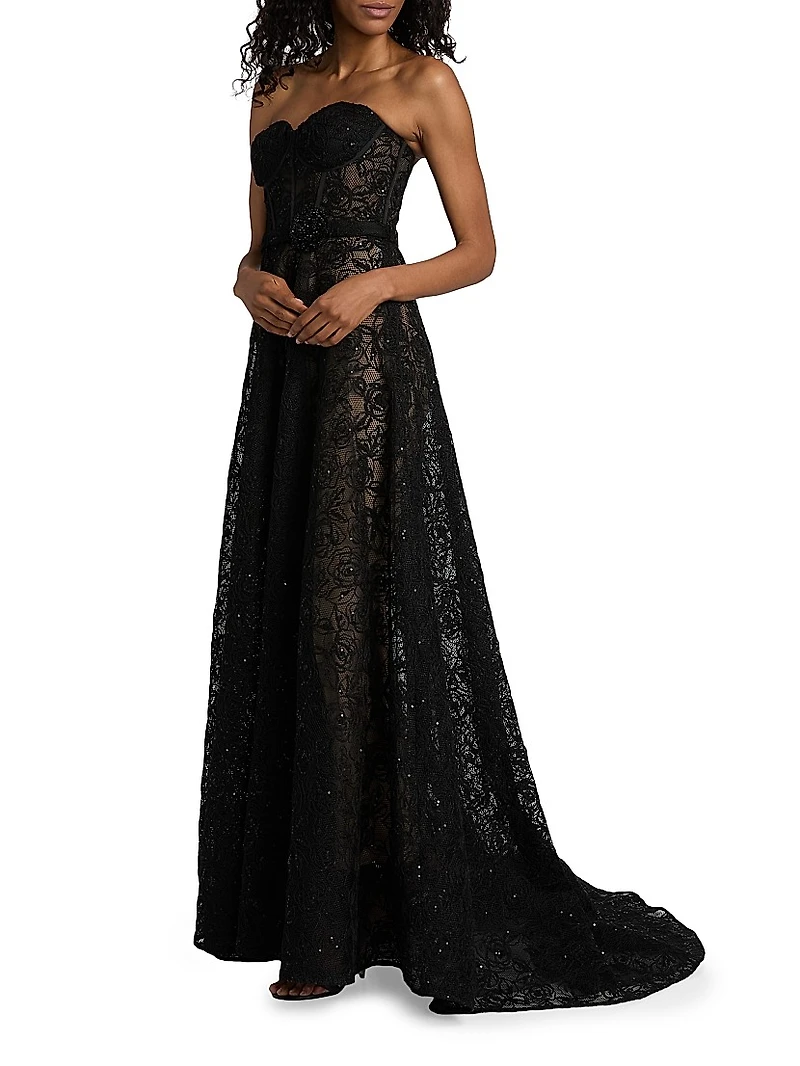 Floral Lace Sequinned A-Line Gown
