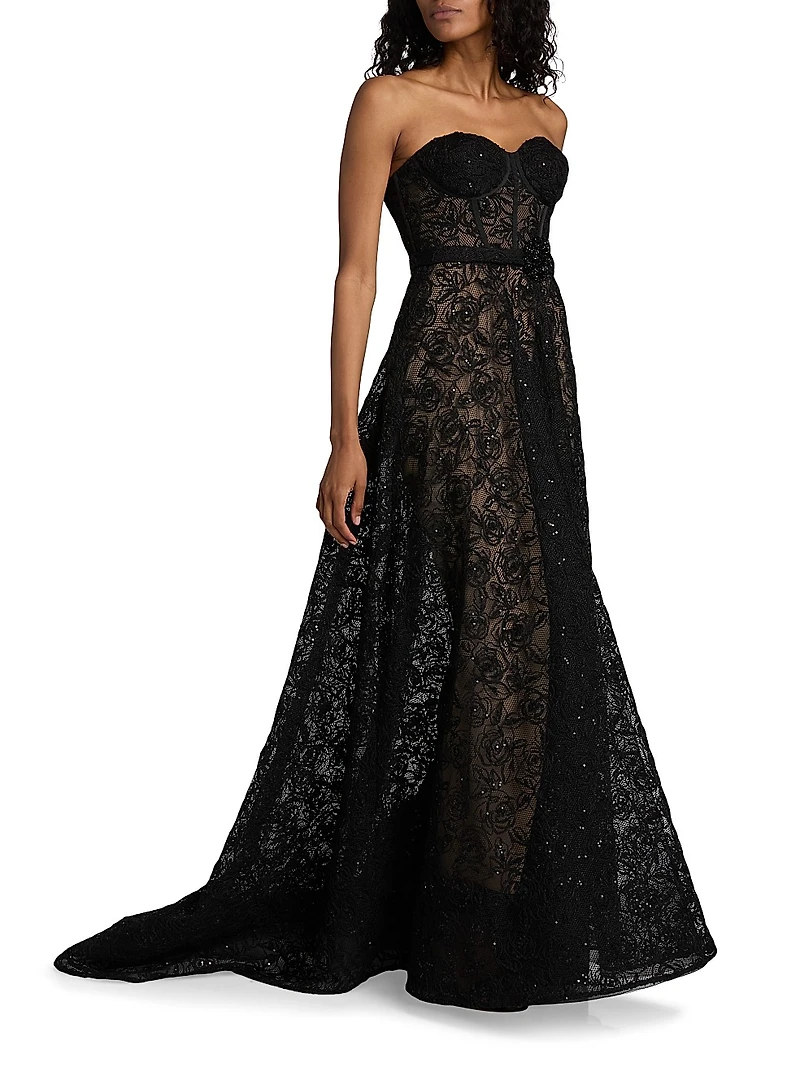 Floral Lace Sequinned A-Line Gown