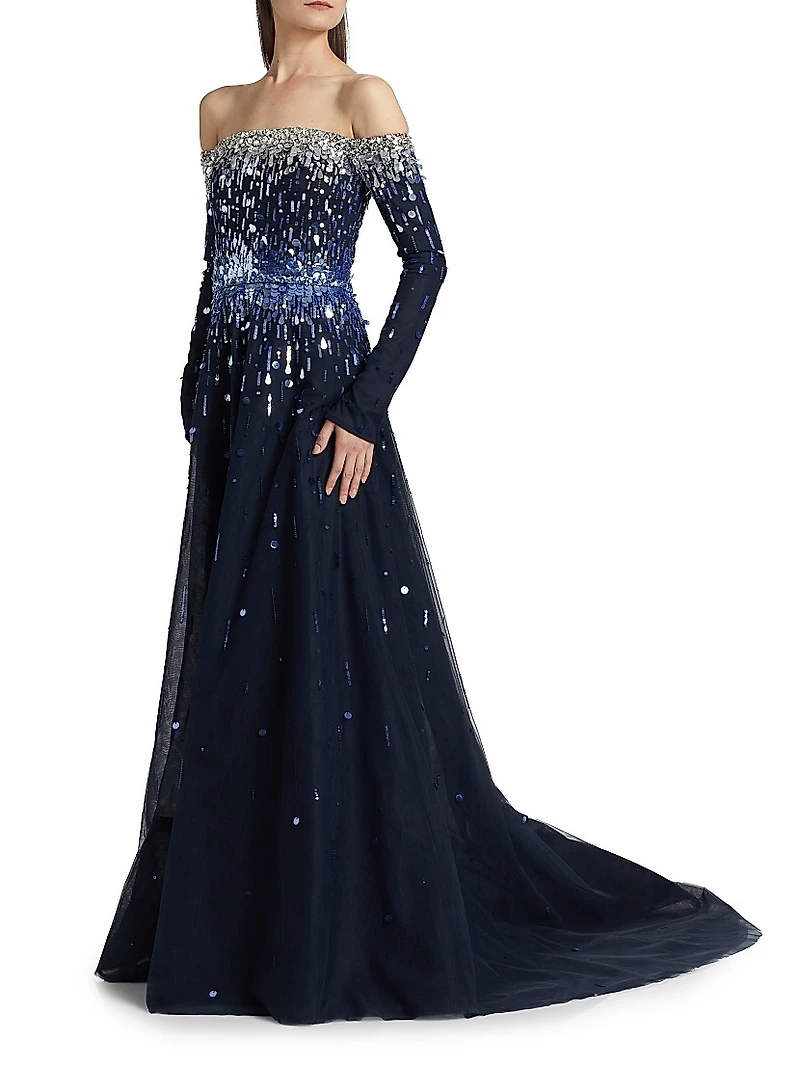 Embellished Off-The-Shoulder Tulle Gown