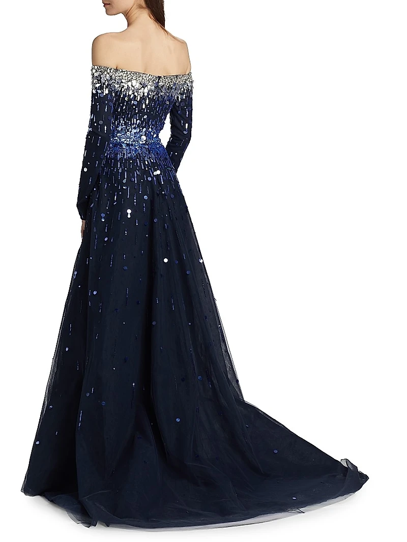 Embellished Off-The-Shoulder Tulle Gown