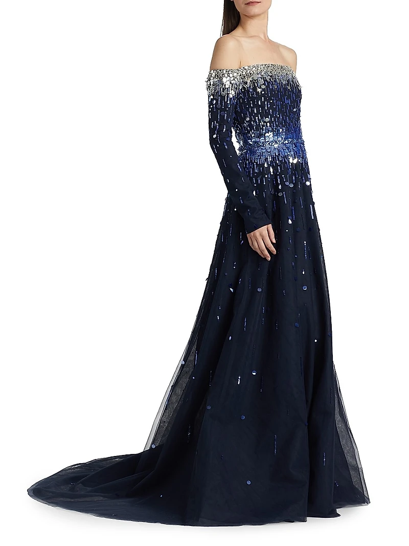 Embellished Off-The-Shoulder Tulle Gown