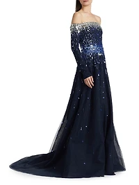 Embellished Off-The-Shoulder Tulle Gown