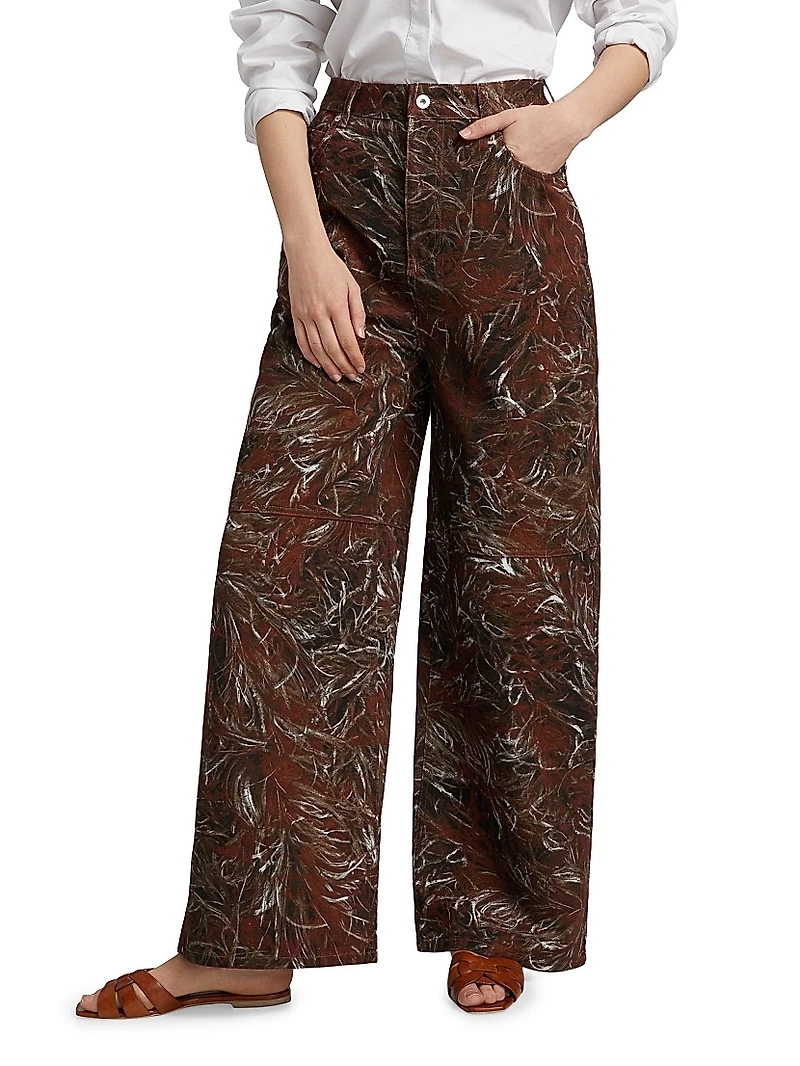 LOEWE x Paula's Ibiza Feather-Print High-Rise Wide-Leg Jeans
