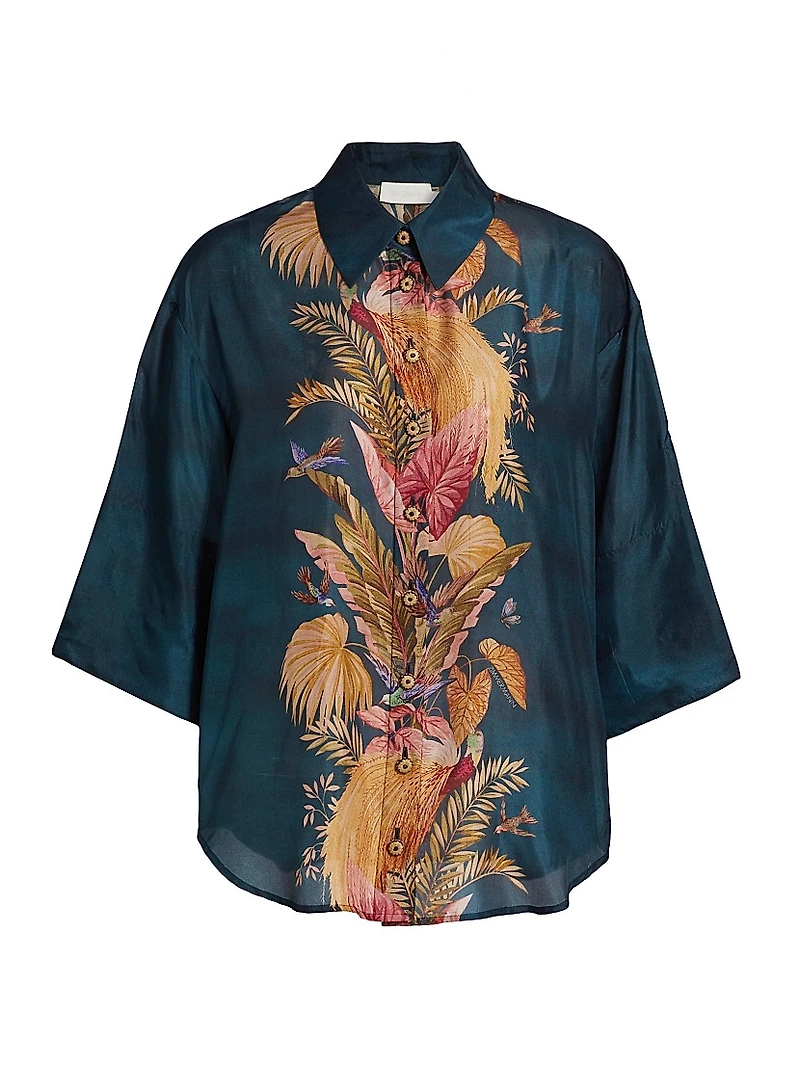 Ascension Leaf Print Silk Relaxed Shirt