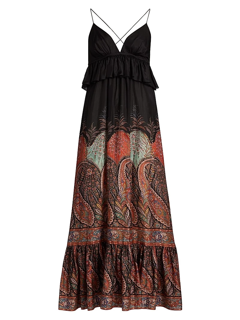 Rhiannon Ruffled Paisley Silk Maxi Dress
