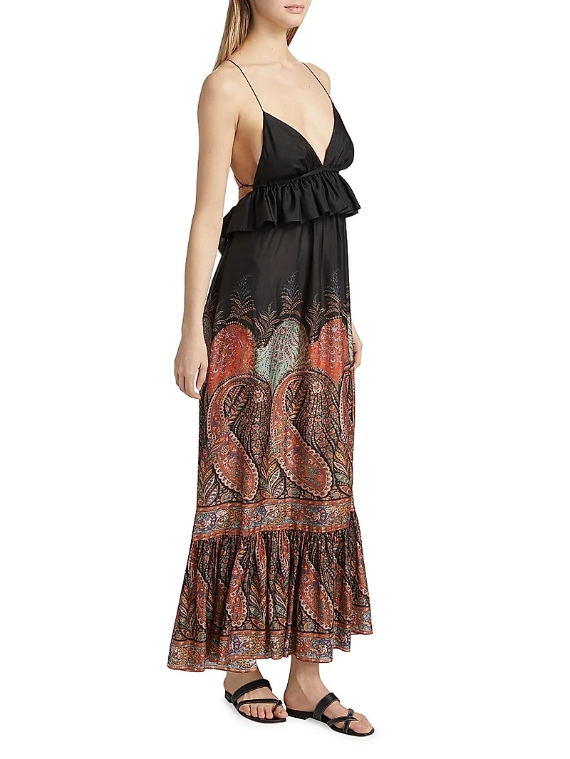 Rhiannon Ruffled Paisley Silk Maxi Dress