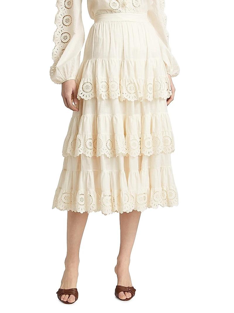 Lucky Embroidered Tiered Cotton Midi-Skirt
