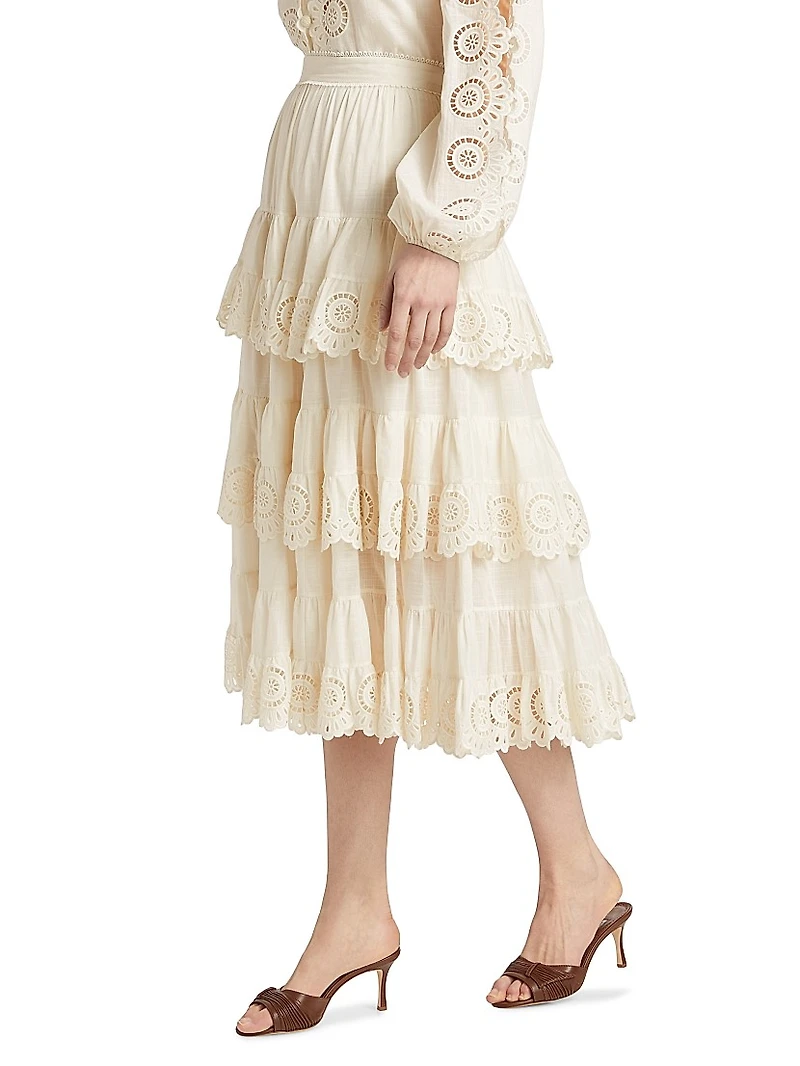 Lucky Embroidered Tiered Cotton Midi-Skirt