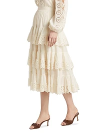 Lucky Embroidered Tiered Cotton Midi-Skirt