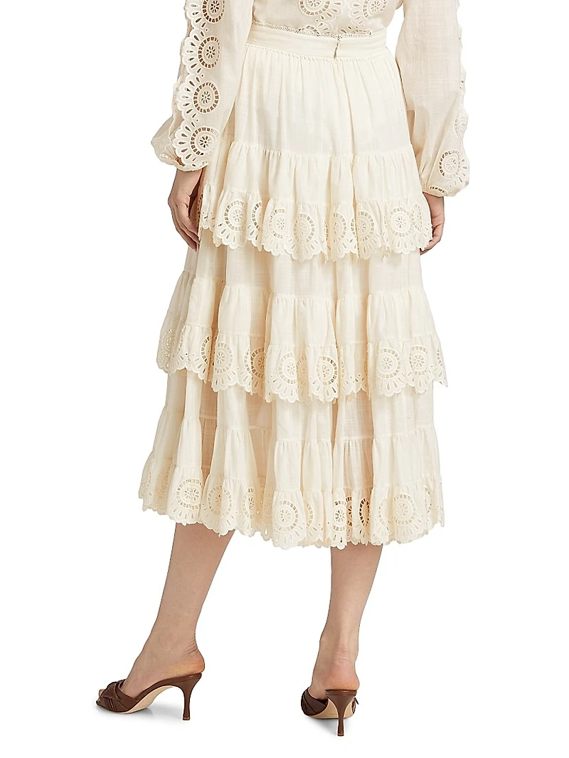 Lucky Embroidered Tiered Cotton Midi-Skirt