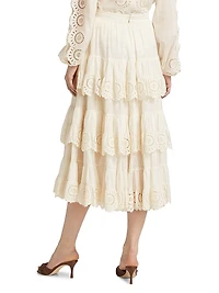 Lucky Embroidered Tiered Cotton Midi-Skirt