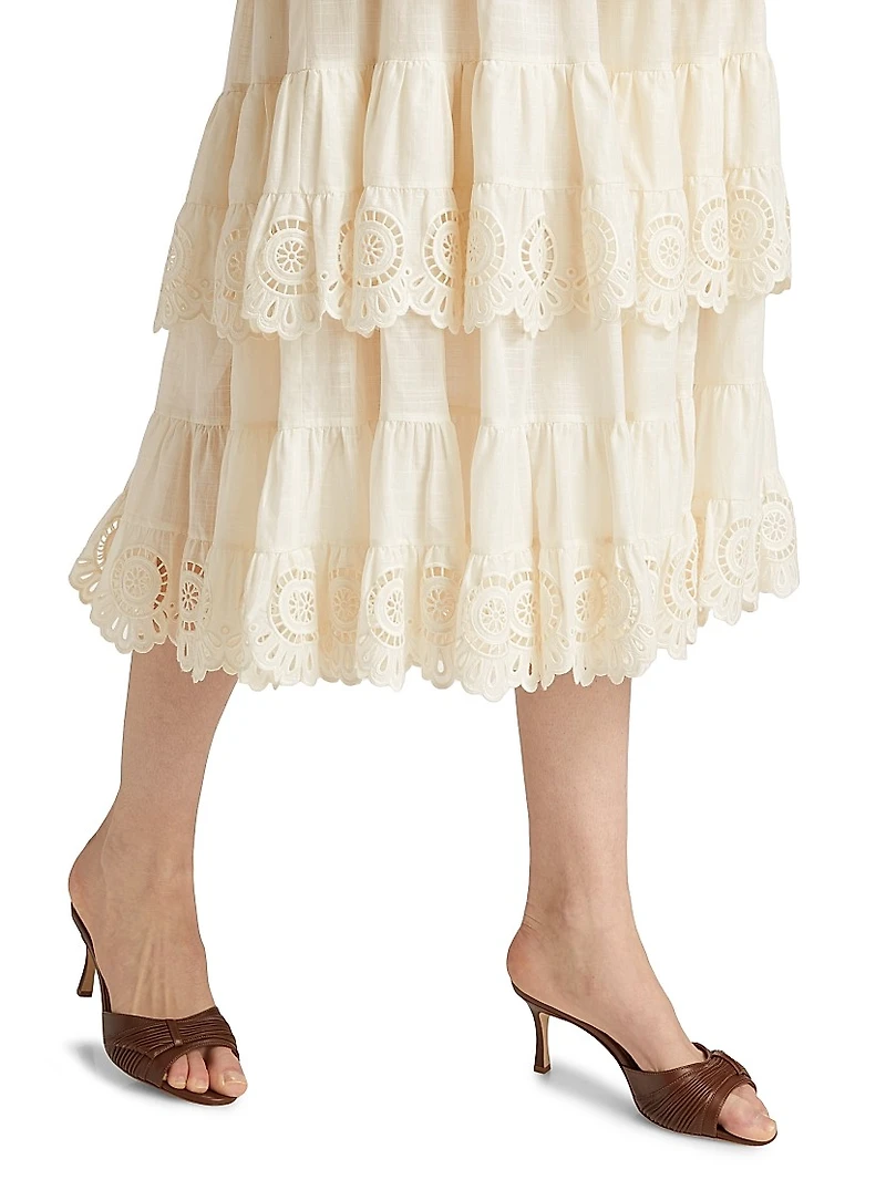 Lucky Embroidered Tiered Cotton Midi-Skirt